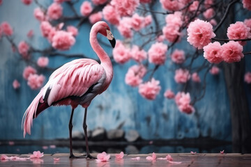 Pink flamingo on the background of the wall with exotic beautiful flowers, bright tropical concept