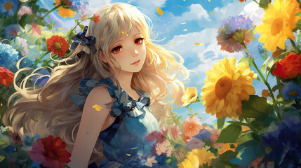 a cute beautiful anime girl in a big garden full of flowers, manga artwork