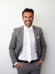 Fototapeta premium Happy smile businessman on a white background in the studio, white business professional. For art texture, presentation design or web design and web background. Generative AI.