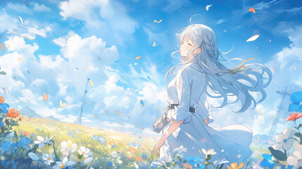 an anime girl standing in a big garden at morning, strong sun shining, manga artwork