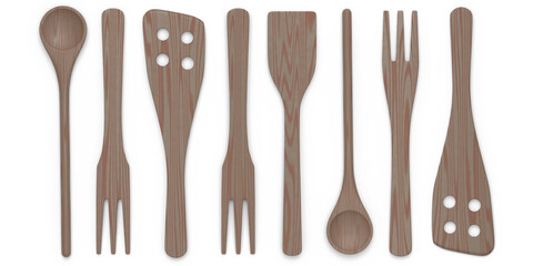 Wooden kitchen utensils, tools and equipment on white background.