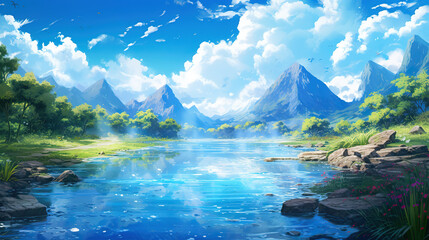 Fototapeta na wymiar wonderful anime landscape artwork, peaceful river flowing