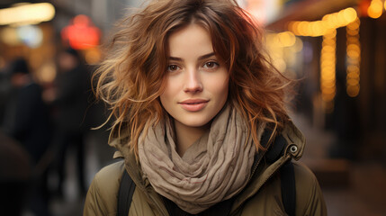 Fototapeta premium Capturing Urban Charm with a Snapshot of a Beautiful Young Woman in a Typical Urban City Ensemble