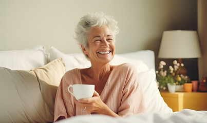Elderly woman savoring tea moments in bed.