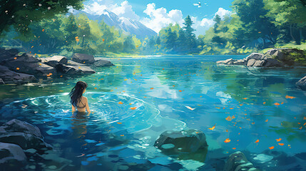 a girl relaxing in a lake flowing river scenery in a forest, anime artwork