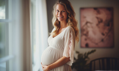 Expectant mother tenderly touching her baby bump.