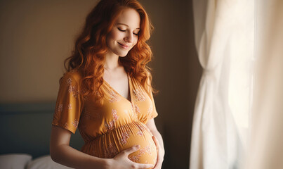 Expectant mother tenderly touching her baby bump.