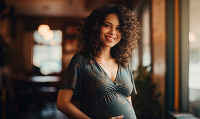 Expectant mother tenderly touching her baby bump. - obrazy, fototapety, plakaty