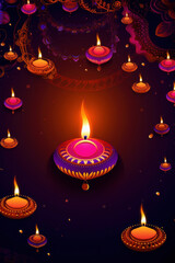 Burning oil lamps with colorful designs, from a Diwali festival card. Generative AI.