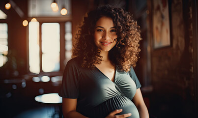 Expectant mother tenderly touching her baby bump.