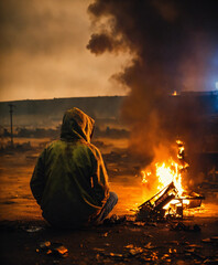 homeless teenager watches a television in flames in a toxic wasteland, natural rust and grime detail, rustic sophistication. rain, night,