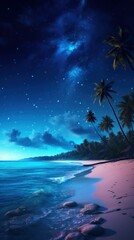 Fototapeta na wymiar Beautiful starry night and beach with palm trees