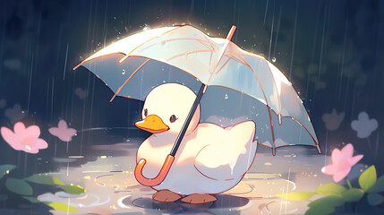 little cute anime illustration of a duckling holding an umbrella - obrazy, fototapety, plakaty