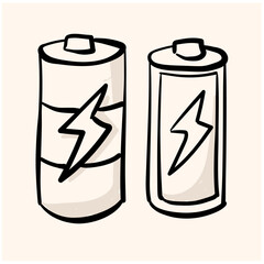Cartoon battery with doodle line art style on a cream background