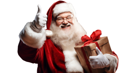 Santa Claus holding gift box and showing thumb up. Happy Santa with the present box. Christmas gift from Santa Claus. Transparent PNG. Created using AI generation