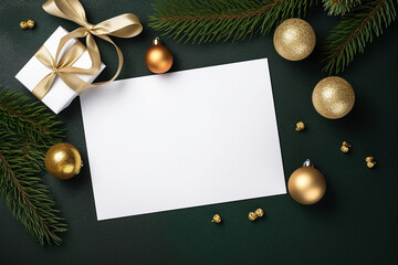 Obraz premium Christmas Letter Envelope with Blank Paper Card, White Gift Box with Golden Ribbon Bow, Fir Branches Decorated with Balls on Dark Green Background - Created with Generative AI Tools