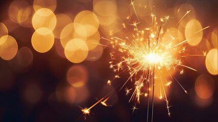 Celebrating, holiday season.New Year's Eve 2024 party event celebration holiday greeting card - Closeup of sparkling sparklers and bokeh lights in the background.