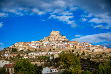 Panoramic view of the medieval town of Morella, Castellón, Spain, with the imposing castle on a...