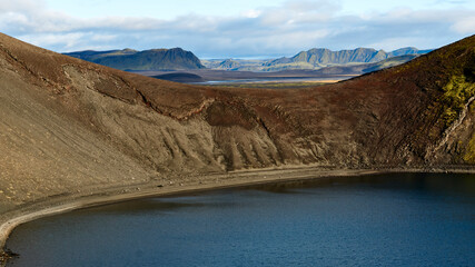 beautiful icelandic highlands behind blahylur crater