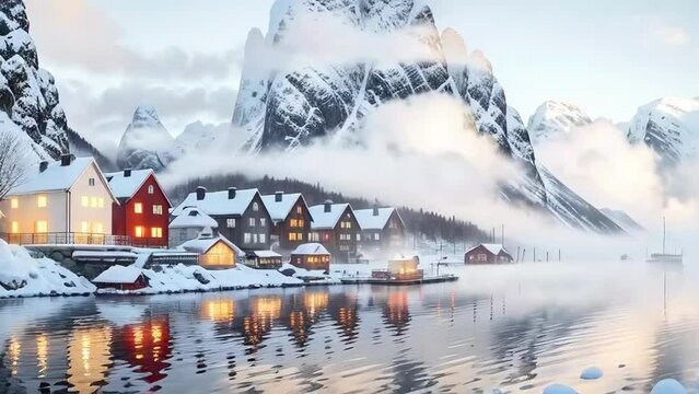 Scandinavian winter peaceful landscape of foggy morning in a Norwegian fjord village, with soft pastels of the houses reflecting in calm water. Beautiful mountain landscape in winter