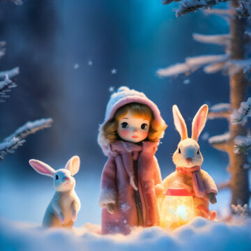 Winter's Tale. Little toy girl surrounded by toys.