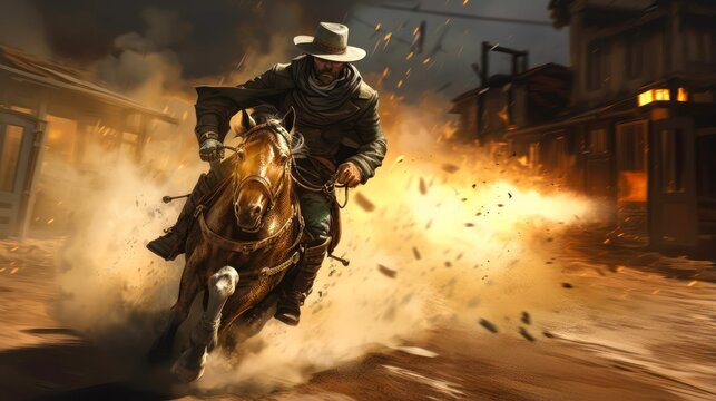 AI generated illustration of a maverick cowboy riding a majestic horse through a western street