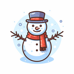 This is a vector illustration of a snowman on a white background. The illustration is simple and colorful, suitable for greeting cards, posters, or stickers.