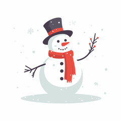 This is a vector illustration of a snowman on a white background. The illustration is simple and colorful, suitable for greeting cards, posters, or stickers.