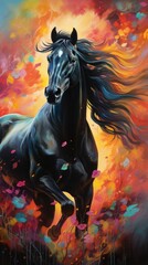 Obraz na płótnie Canvas Black stallion horse with beautiful colors in background paining style