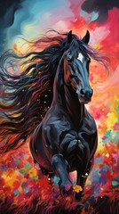Black stallion horse with beautiful colors in background paining style