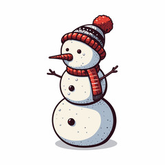 This is a vector illustration of a snowman on a white background. The illustration is simple and colorful, suitable for greeting cards, posters, or stickers.