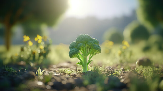 young little broccoli in garden while sun shining, marketing artwork