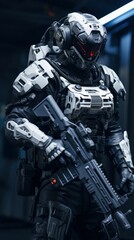 Fototapeta na wymiar Futuristic Cyber Robot in War with Advanced Weapon 