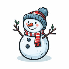 This is a vector illustration of a snowman on a white background. The illustration is simple and colorful, suitable for greeting cards, posters, or stickers.