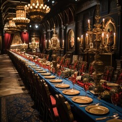 King's banquet hall with a long feasting table and candelabras - obrazy, fototapety, plakaty