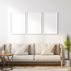 triple white frame mockup, display fine vertical wall art on the wall in living room, 3d rendering