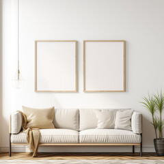 double set frame mockup, white color frame mockup for the poster standing on the wall in the luxury and stylish living room, for displaying wall art, 3d rendering