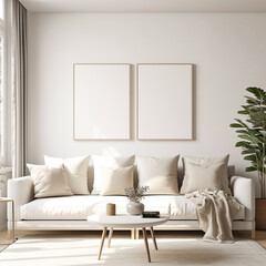 double set frame mockup, white color frame mockup for the poster standing on the wall in the luxury and stylish living room, for displaying wall art, 3d rendering