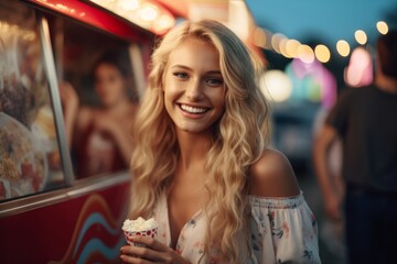 Young beautiful blonde woman holding an ice cream next to the food truck at the festival