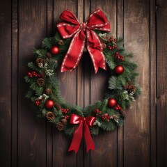 Fototapeta na wymiar Christmas wreath hanging on a wooden door adorned with red ribbon
