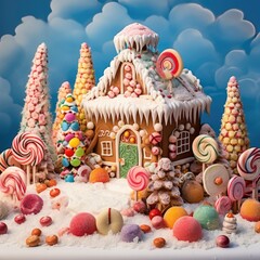 Fototapeta premium Gingerbread house with candy decorations in a sugar-covered landscape
