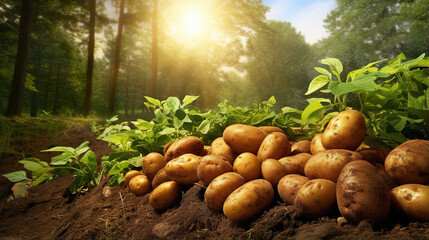a lot of potatoes in garden, marketing photoshooting artwork