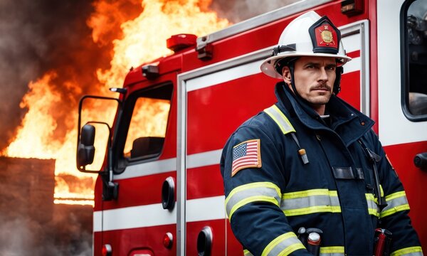Firefighter in fire fighting operation. Portrait of heroic fireman in protective suit stands in front of fire truck. Confident fireman wearing protective uniform standing next to a fire, conflagration
