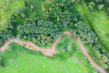 Above view on the small serpentine river with a brown water in the green woodland