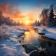 Christmas morning sunrise over a snow-covered landscape