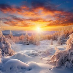 Christmas morning sunrise over a snow-covered landscape