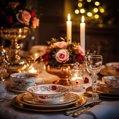 Obraz na płótnie Canvas Festive table setting with fine china and candles