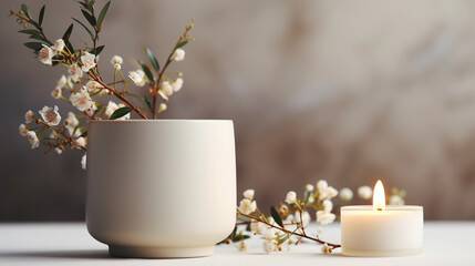A Scented Candle on a White Table Surrounded by Beautiful Flowers