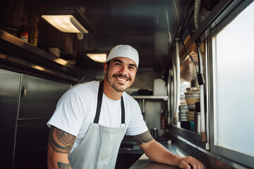 Latin American male chef preparing takeaway food in food truck kitchen - obrazy, fototapety, plakaty