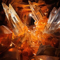 Topaz and amber crystals illuminating an underground cavern